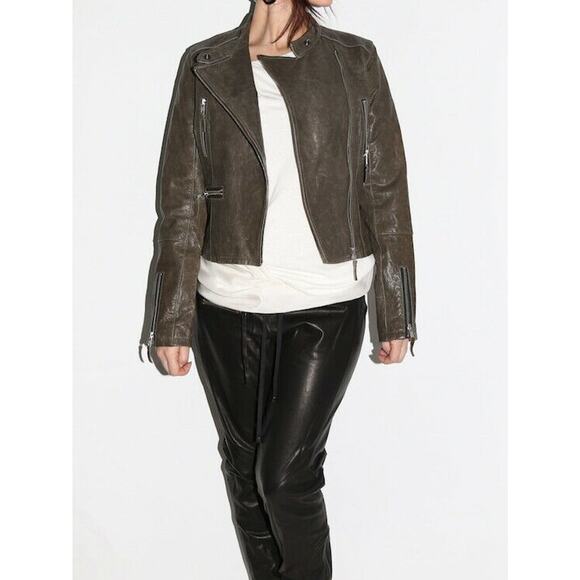 TRUE RELIGION Womens Brown Green Leather Biker Jacket Size S - Picture 2 of 12